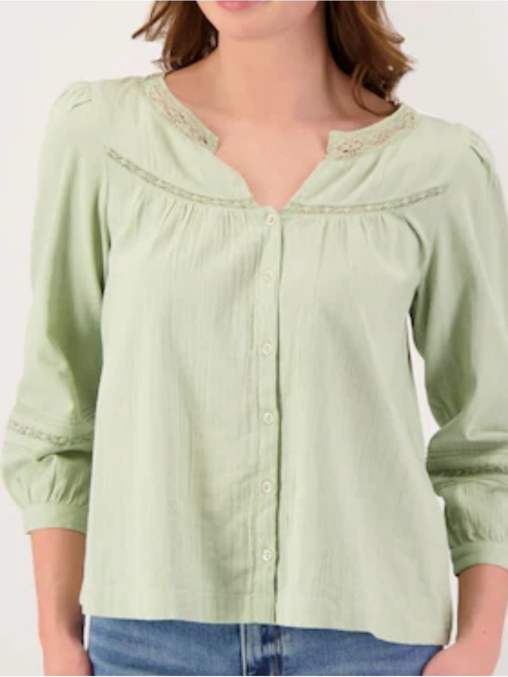 Lucky Brand Light Green Women's Button-Front Blouse with Lace detail